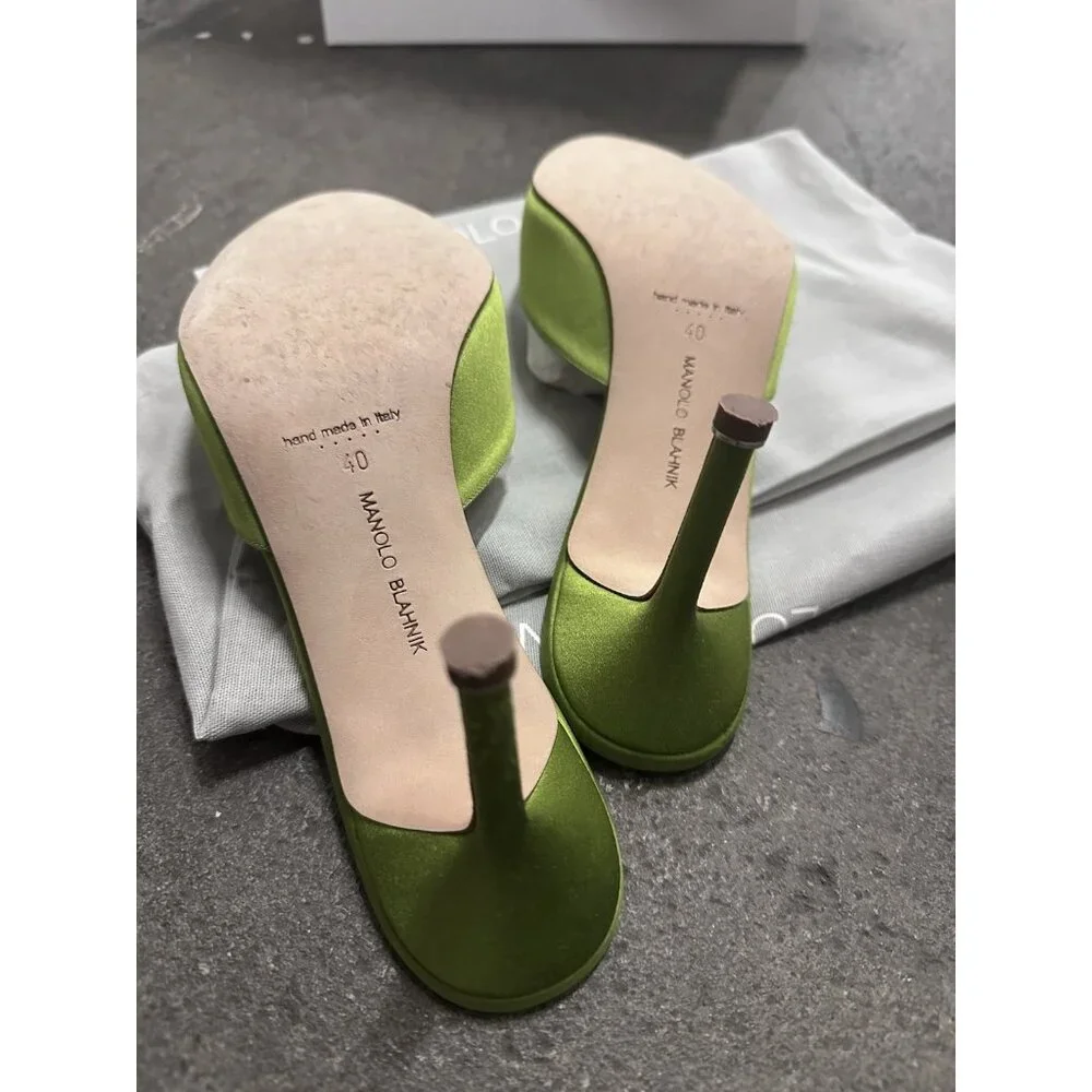 Manolo Blahnik Satin Hangisimu 70 Mule Heels Green Satin - Picture 10 of 13